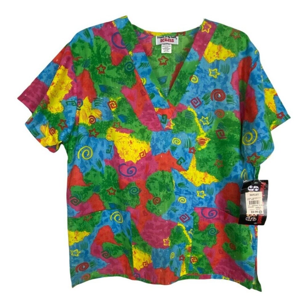 Womens Scrub Shirt Size Small Blue Pink Stars Pockets Tie Short Sleeve NEW